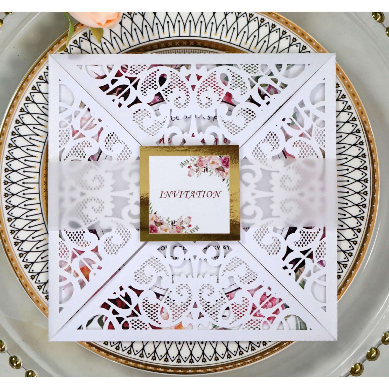 Square Invitation Card Wedding Supplies Laser Cut Iridescent Paper Greeting Card